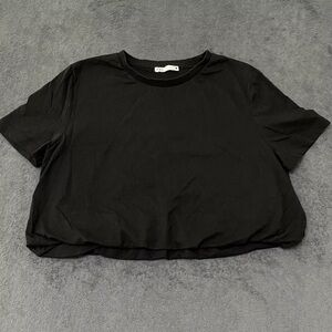 Zara Top Womens L Black Crew Neck Short Sleeve Cropped Bubble Hem T Shirt Blouse